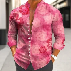 Men's Floral Print Tropical Flowers Shirt Aloha Shirt Stand Collar Shirt Long Sleeve Hawaiian Vacation Daily Wear Going out Spring Fall Mandarin Collar Band Collar Button-Down Linen Like Shirt Blue