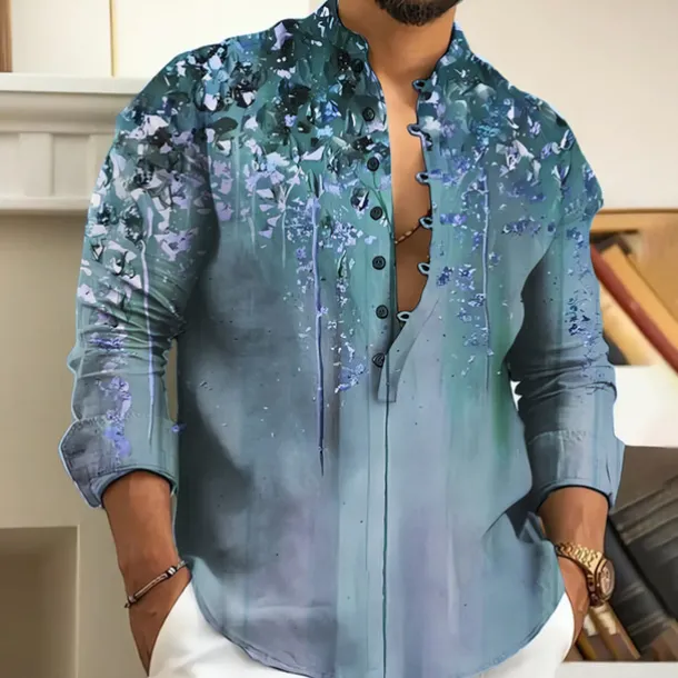 Men's Floral Shirt Button Up Shirt Long Sleeve Fashion Streetwear Designer Outdoor Casual Daily Summer Spring Fall Stand Collar Print Blue Purple Brown Green Gray