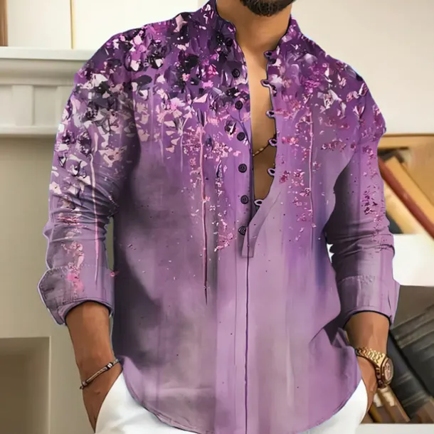 Men's Floral Shirt Button Up Shirt Long Sleeve Fashion Streetwear Designer Outdoor Casual Daily Summer Spring Fall Stand Collar Print Blue Purple Brown Green Gray