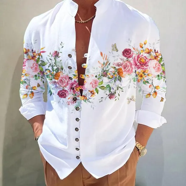 Men's Floral Shirt Button Up Shirt Long Sleeve Fashion Designer Casual Vacation Daily Going out Fall Autumn / Fall Spring & Summer Stand Collar Print White+Red Black White Yellow Pink