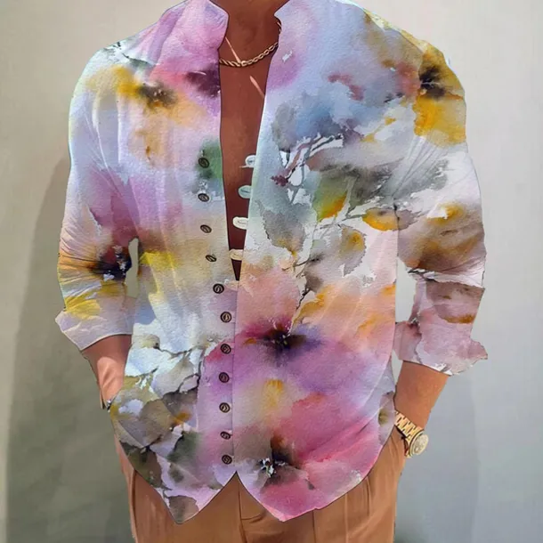Men's Floral Shirt Button Up Shirt Long Sleeve Fashion Designer Casual Vacation Daily Going out Fall Autumn / Fall Spring & Summer Stand Collar Print White+Red Black White Yellow Pink