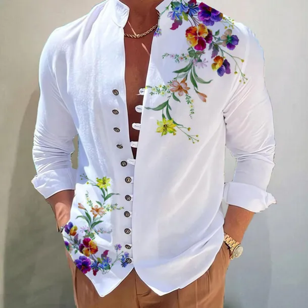 Men's Floral Shirt Button Up Shirt Long Sleeve Fashion Designer Casual Vacation Daily Going out Fall Autumn / Fall Spring & Summer Stand Collar Print White+Red Black White Yellow Pink