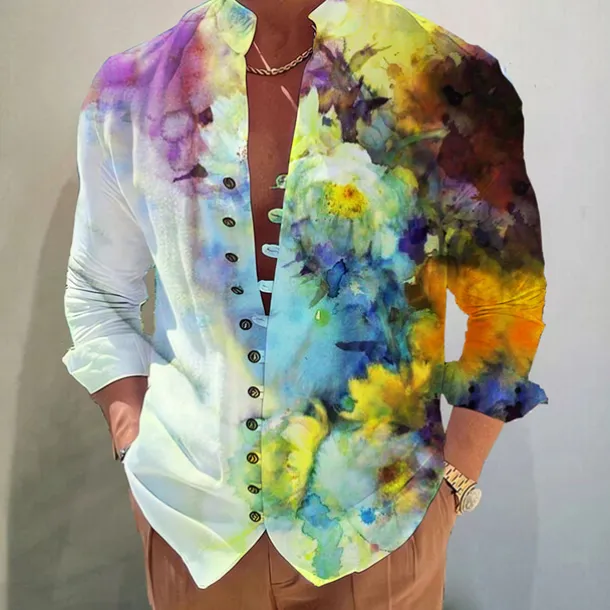 Men's Floral Shirt Button Up Shirt Long Sleeve Fashion Designer Casual Vacation Daily Going out Fall Autumn / Fall Spring & Summer Stand Collar Print White+Red Black White Yellow Pink