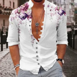 Men's Floral Shirt Button Up Shirt Long Sleeve Fashion Streetwear Designer Outdoor Casual Daily Summer Spring Fall Stand Collar Print Yellow Pink Purple Green Gray