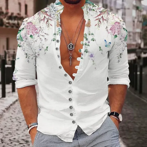 Men's Floral Shirt Button Up Shirt Long Sleeve Fashion Streetwear Designer Outdoor Casual Daily Summer Spring Fall Stand Collar Print Yellow Pink Purple Green Gray