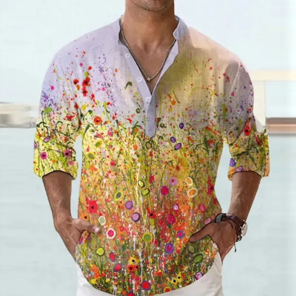 Men's Floral Shirt Button Up Shirt Long Sleeve Fashion Streetwear Designer Daily Going out Summer Spring Fall Stand Collar Print Yellow Blue Purple Green