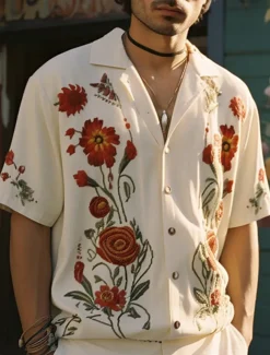 Men's Floral Shirt Button Up Shirt Short Sleeve Sports Fashion Streetwear Outdoor Casual Holiday Summer Spring Cuban Collar Print White Yellow Wine Red