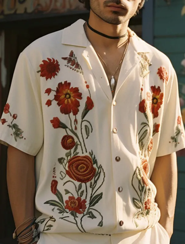 Men's Floral Shirt Button Up Shirt Short Sleeve Sports Fashion Streetwear Outdoor Casual Holiday Summer Spring Cuban Collar Print White Yellow Wine Red