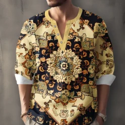 Men's Floral Shirt Button Up Shirt Henley Shirt Long Sleeve Vintage Casual Vacation Daily Beach Wear Summer Spring Fall Collarless V Neck Buttons 3D Print Khaki
