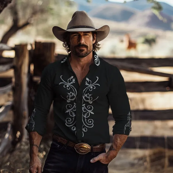 Men's Floral Shirt Western Shirt Cowboy Shirt Long Sleeve Vintage Western Style Outdoor Street Casual Daily Fall & Winter Turndown Buttons Print Black