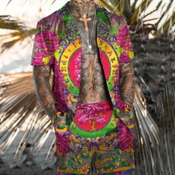 Men's Floral Tribal 2pcs Shirts Sets Summer Hawaiian Shirt Short Sleeve Short Pants Cuban Collar Tropical Fashion Hawaiian Street Casual Hawaiian Print Summer Spring White Yellow Fuchsia