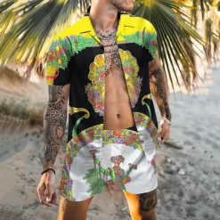 Men's Floral Tribal 2pcs Shirts Sets Summer Hawaiian Shirt Short Sleeve Short Pants Cuban Collar Tropical Fashion Hawaiian Street Casual Hawaiian Print Summer Spring White Yellow Fuchsia