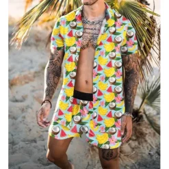 Men's Floral Tribal 2pcs Shirts Sets Summer Hawaiian Shirt Short Sleeve Short Pants Cuban Collar Tropical Fashion Hawaiian Street Casual Hawaiian Print Summer Spring White Yellow Fuchsia