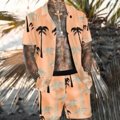 Men's Floral Tribal 2pcs Shirts Sets Summer Hawaiian Shirt Short Sleeve Short Pants Cuban Collar Tropical Fashion Hawaiian Street Casual Hawaiian Print Summer Spring White Yellow Fuchsia