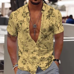 Men's Floral Tropical Flowers Leaves Shirt Summer Hawaiian Shirt Aloha Shirt Short Sleeves Shirt Turndown Fashion Designer Casual Outdoor Street Casual Yellow Light Green Blue 3D Print S M L