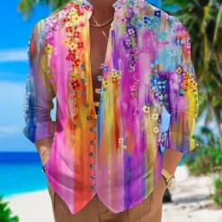 Men's Floral Tropical Flowers Shirt Summer Hawaiian Shirt Aloha Shirt Long Sleeve Shirt Stand Collar Fashion Streetwear Designer Outdoor Street Casual Yellow Pink Blue S M L
