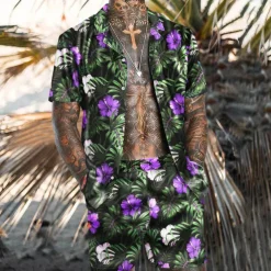 Men's Floral Tropical Flowers Tropical Plants 2pcs Shirts Sets Summer Hawaiian Shirt Short Sleeve Short Pants Turndown Fashion Hawaiian Designer Outdoor Vacation Casual 3D Print Button-Down Summer