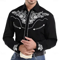 Men's Florals Western Shirt Cowboy Shirt Long Sleeve Western Spring Fall Turndown Button Up Black