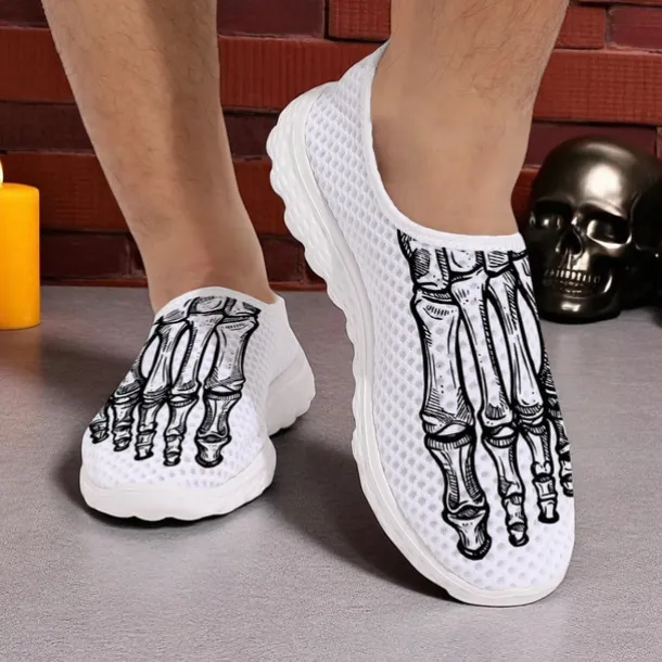 Men's Flyknit Slip-On Sneakers with 3D Skeleton Foot Print – Lightweight Breathable Casual Shoes for Halloween Parties & Cosplay