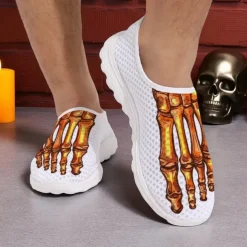 Men's Flyknit Slip-On Sneakers with 3D Skeleton Foot Print – Lightweight Breathable Casual Shoes for Halloween Parties & Cosplay