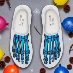 Men's Flyknit Slip-On Sneakers with 3D Skeleton Foot Print – Lightweight Breathable Casual Shoes for Halloween Parties & Cosplay