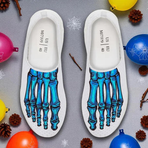 Men's Flyknit Slip-On Sneakers with 3D Skeleton Foot Print – Lightweight Breathable Casual Shoes for Halloween Parties & Cosplay