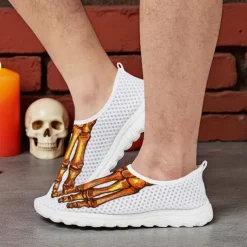Men's Flyknit Slip-On Sneakers with 3D Skeleton Foot Print – Lightweight Breathable Casual Shoes for Halloween Parties & Cosplay