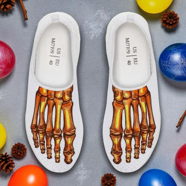 Men's Flyknit Slip-On Sneakers with 3D Skeleton Foot Print – Lightweight Breathable Casual Shoes for Halloween Parties & Cosplay