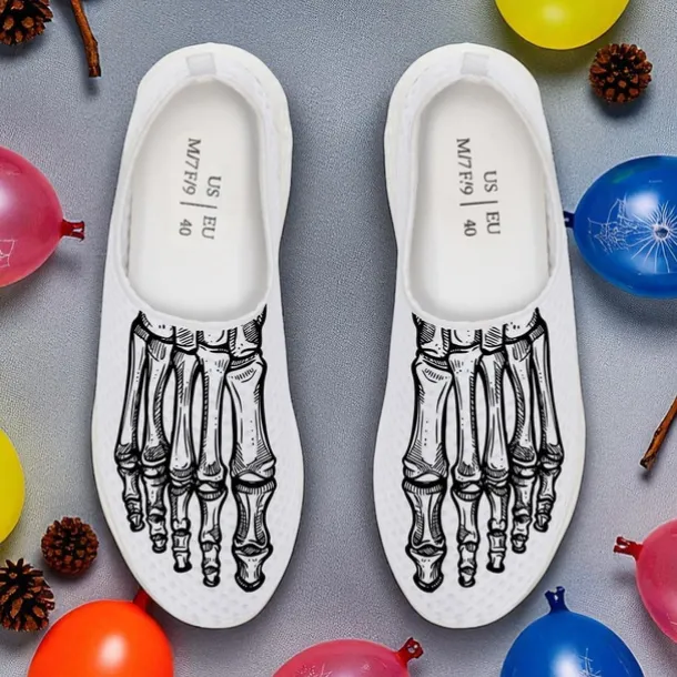 Men's Flyknit Slip-On Sneakers with 3D Skeleton Foot Print – Lightweight Breathable Casual Shoes for Halloween Parties & Cosplay