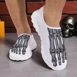 Men's Flyknit Slip-On Sneakers with 3D Skeleton Foot Print – Lightweight Breathable Casual Shoes for Halloween Parties & Cosplay