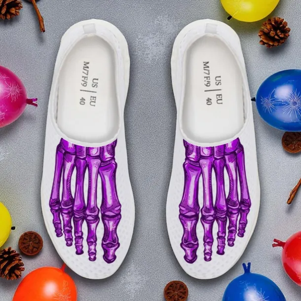 Men's Flyknit Slip-On Sneakers with 3D Skeleton Foot Print – Lightweight Breathable Casual Shoes for Halloween Parties & Cosplay