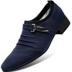 Men's Formal Dress Shoes with Metal Buckle - Elegant Slip-On Loafers in Navy Blue for Weddings & Business Attire