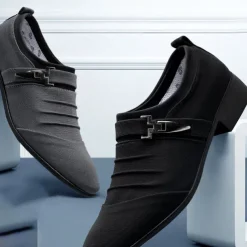 Men's Formal Dress Shoes with Metal Buckle - Elegant Slip-On Loafers in Navy Blue for Weddings & Business Attire