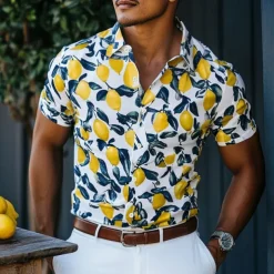 Men's Fruit Beach Shirt Aloha Shirt Short Sleeve Hawaiian Vacation Summer Spring Turndown Button Up Yellow Orange Green