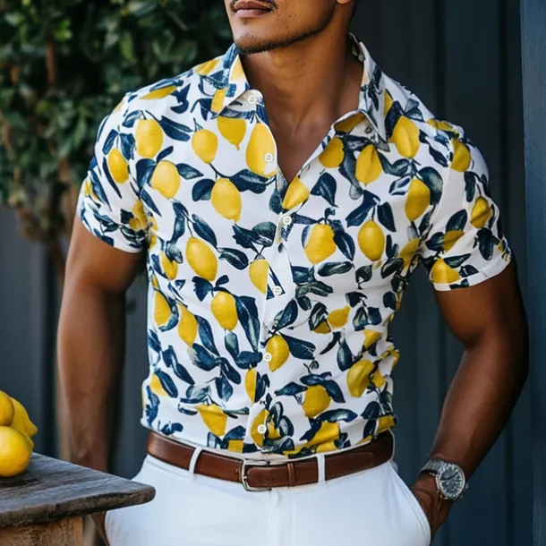 Men's Fruit Beach Shirt Aloha Shirt Short Sleeve Hawaiian Vacation Summer Spring Turndown Button Up Yellow Orange Green