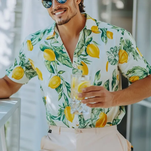 Men's Fruit Beach Shirt Aloha Shirt Short Sleeve Hawaiian Vacation Summer Spring Turndown Button Up Yellow Orange Green