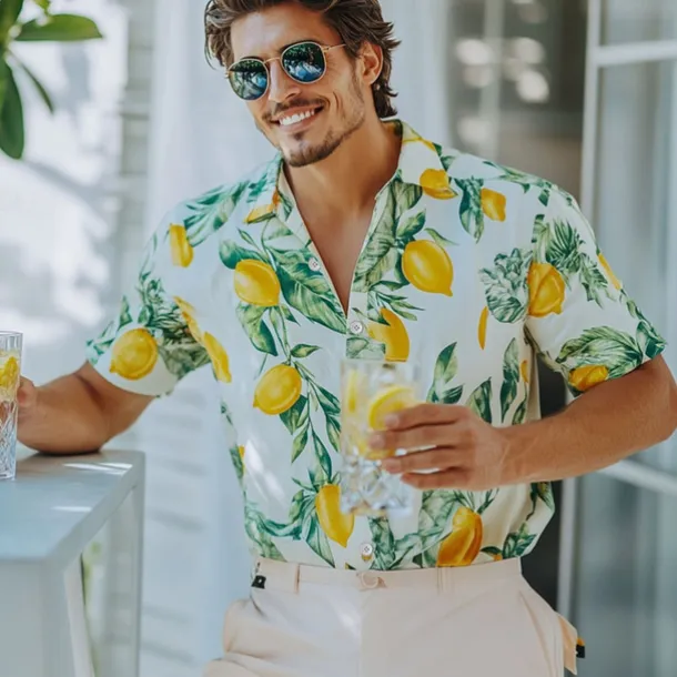 Men's Fruit Beach Shirt Aloha Shirt Short Sleeve Hawaiian Vacation Summer Spring Turndown Button Up Yellow Orange Green