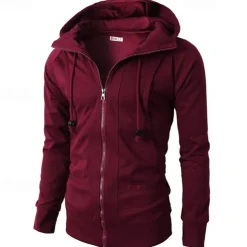 Men's Full Zip Hoodie Zip Up Hoodie Fleece Hoodie Black Wine Army Green Navy Blue Khaki Hooded Plain Zip Up Pocket Sports & Outdoor Daily Holiday Polyester Streetwear Basic Casual Fall & Winter