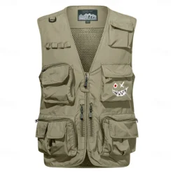 Men's Funny Smile Face Grimace Vest Waistcoat Gilet Tactical Practical Removable Casual Sports Outdoor Fishing Photography Mesh Side Pockets Quick Dry Fall Winter Collarless Sleeveless khaki Army