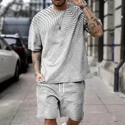 Men's Geometic Graphic Prints 2pcs Tees sets Matching Sets Short Sleeve Short Pants Crew Neck Sport Designer Casual Outdoor Vacation Daily Spring & Summer Black Green Dark Blue