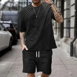 Men's Geometic Graphic Prints 2pcs Tees sets Matching Sets Short Sleeve Short Pants Crew Neck Sport Designer Casual Outdoor Vacation Daily Spring & Summer Black Green Dark Blue