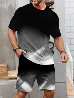 Men's Geometic Line 2pcs Tees sets Summer Tops Short Sleeve Short Pants Crew Neck Sport Casual Outdoor Vacation Sport 3D Print Summer Robin's Egg Blue White Red