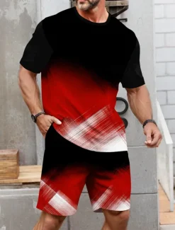 Men's Geometic Line 2pcs Tees sets Summer Tops Short Sleeve Short Pants Crew Neck Sport Casual Outdoor Vacation Sport 3D Print Summer Robin's Egg Blue White Red