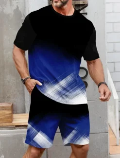 Men's Geometic Line 2pcs Tees sets Summer Tops Short Sleeve Short Pants Crew Neck Sport Casual Outdoor Vacation Sport 3D Print Summer Robin's Egg Blue White Red