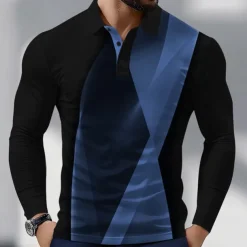 Men's Geometic Line Polo Long Sleeve Polo Shirts Collared Shirts Business Casual Athleisure Daily Wear 3D Print Spring Fall Lake blue White Blue
