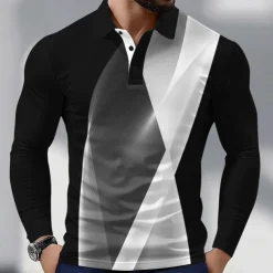 Men's Geometic Line Polo Long Sleeve Polo Shirts Collared Shirts Business Casual Athleisure Daily Wear 3D Print Spring Fall Lake blue White Blue