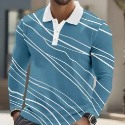Men's Geometic Line Polo Long Sleeve Polo Shirts Lapel Business Casual Athleisure Daily Wear 3D Print Buttons Spring Fall Winter Blue Green Light Blue