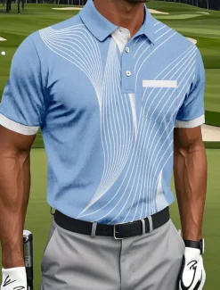 Men's Geometic Line Polo Sports Polo Shirts Short Sleeve Polo Shirts Collared Shirts Sportswear Casual Outdoor Athleisure Daily Wear Pocket 3D Print Buttons Summer Blue Brown Green