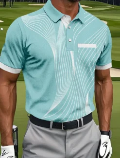 Men's Geometic Line Polo Sports Polo Shirts Short Sleeve Polo Shirts Collared Shirts Sportswear Casual Outdoor Athleisure Daily Wear Pocket 3D Print Buttons Summer Blue Brown Green