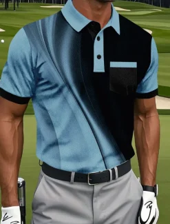 Men's Geometic Line Polo Short Sleeve Polo Shirts Collared Shirts Business Casual Athleisure Daily Wear Pocket 3D Print Buttons Summer White Blue Purple